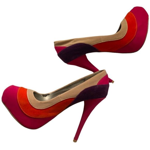 Psychedelic Stilettos Fuchsia Orange Purple Beige Pumps Velvet Heels - Picture 1 of 16